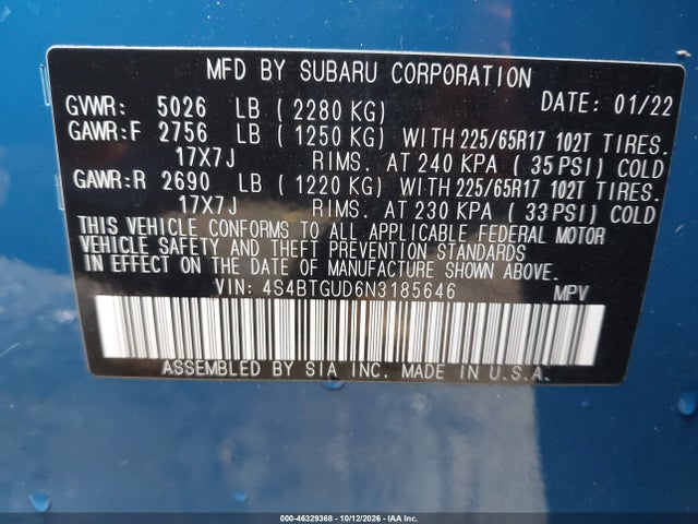 46329368 :رقم المزاد ، 4S4BTGUD6N3185646 vin ، 2022 Subaru Outback Wilderness مزاد بيع