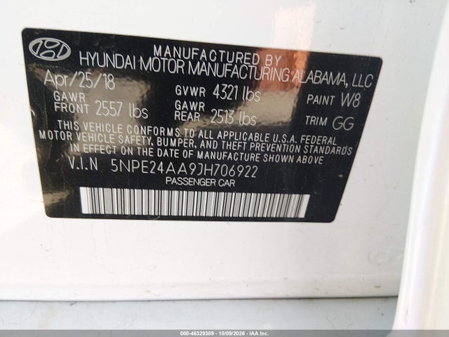Aukcja sprzedaży 2018 Hyundai Sonata Eco, vin: 5NPE24AA9JH706922, numer aukcji: 46329389