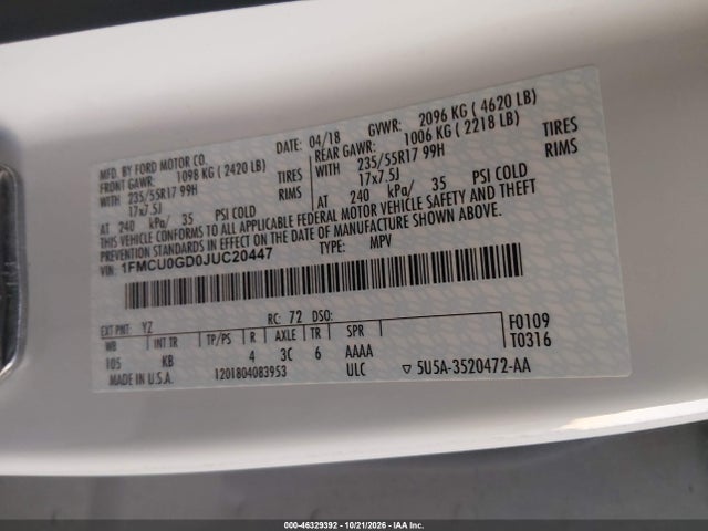 1FMCU0GD0JUC20447 Ford ESCAPE SE