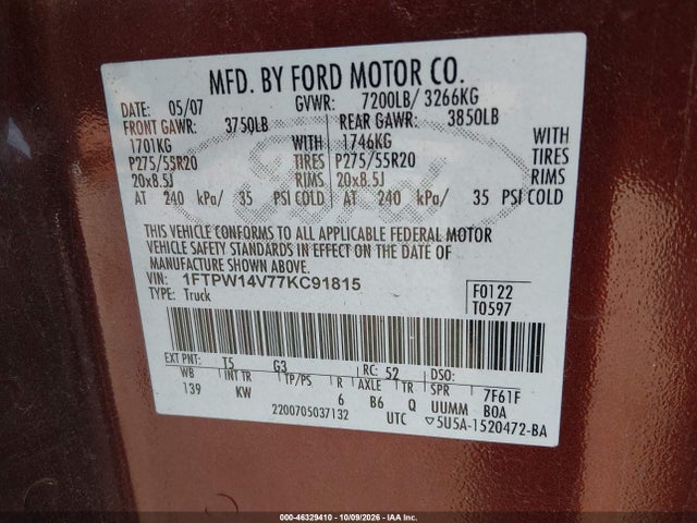 46329410 :رقم المزاد ، 1FTPW14V77KC91815 vin ، 2007 Ford F-150 Fx4/lariat/xlt مزاد بيع