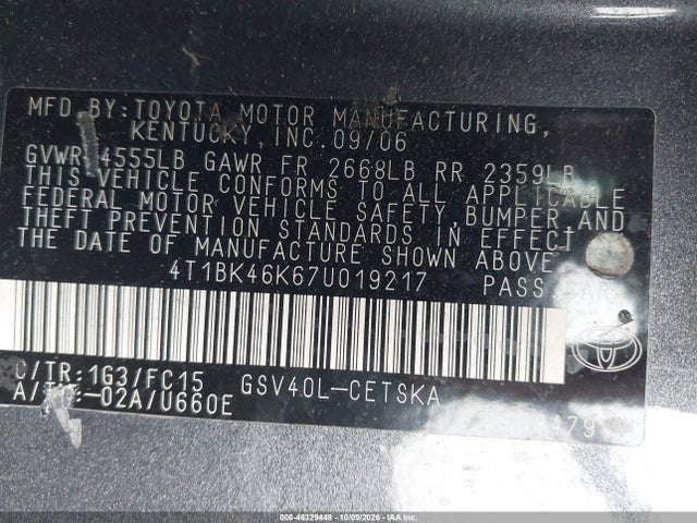 Aukcja sprzedaży 2007 Toyota Camry Se V6, vin: 4T1BK46K67U019217, numer aukcji: 46329448