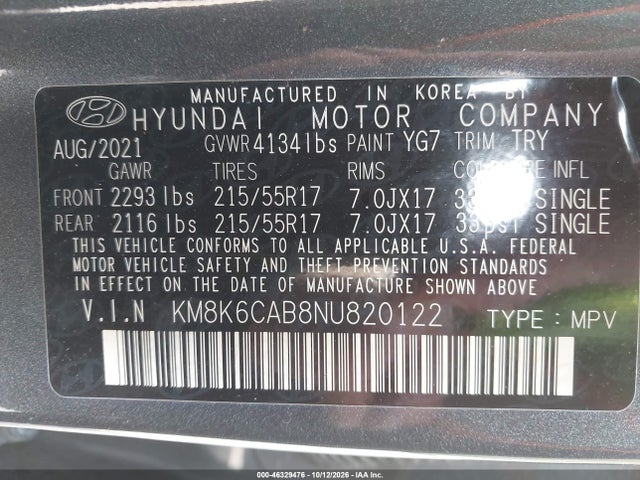 Продажа на аукционе авто 2022 Hyundai Kona Sel, vin: KM8K6CAB8NU820122, номер лота: 46329476