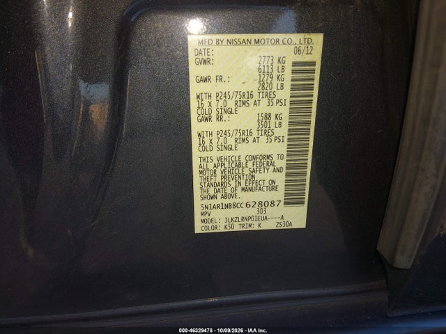 2012 Nissan Pathfinder S მანქანა იყიდება აუქციონზე, vin: 5N1AR1NB8CC628087, აუქციონის ნომერი: 46329478