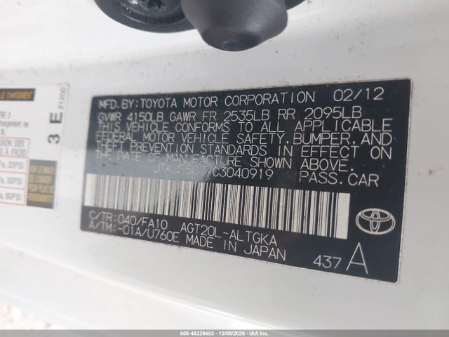 46329483 :رقم المزاد ، JTKJF5C77C3040919 vin ، 2012 Scion Tc مزاد بيع