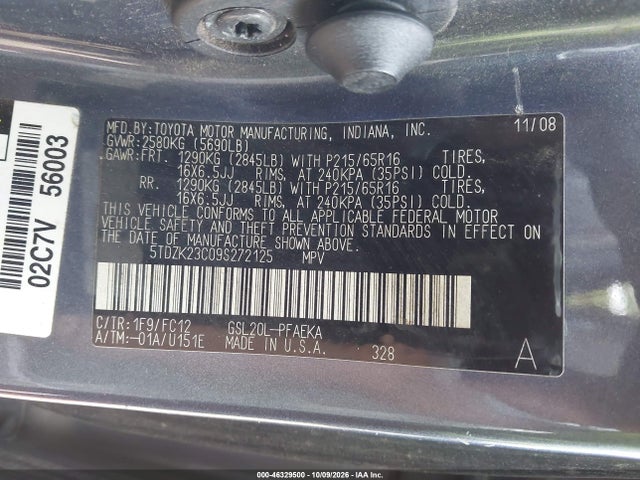 2009 Toyota Sienna Le მანქანა იყიდება აუქციონზე, vin: 5TDZK23C09S272125, აუქციონის ნომერი: 46329500