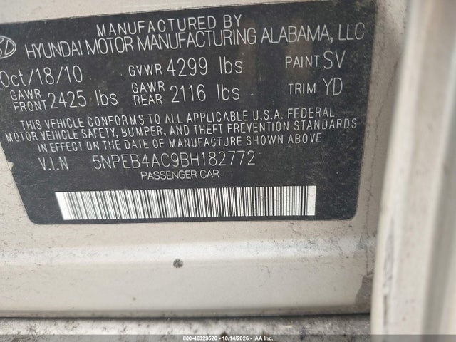 Продаж на аукціоні авто 2011 Hyundai Sonata Gls, vin: 5NPEB4AC9BH182772, номер лоту: 46329520