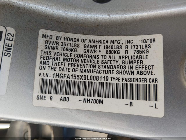 2009 Honda Civic Lx მანქანა იყიდება აუქციონზე, vin: 1HGFA155X9L008119, აუქციონის ნომერი: 46329574