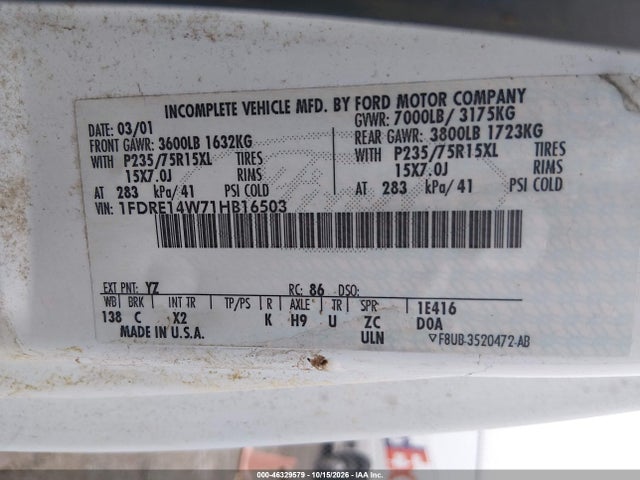 Продаж на аукціоні авто 2001 Ford E-150 Recreational, vin: 1FDRE14W71HB16503, номер лоту: 46329579