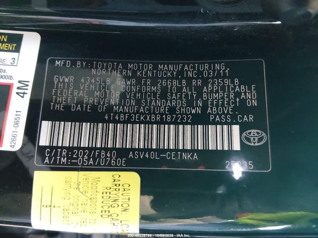 46329744 :رقم المزاد ، 4T4BF3EKXBR187232 vin ، 2011 Toyota Camry Le مزاد بيع