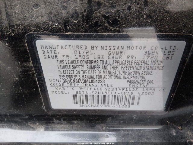 2021 Nissan Versa Sv Xtronic Cvt მანქანა იყიდება აუქციონზე, vin: 3N1CN8EV3ML851223, აუქციონის ნომერი: 46329751