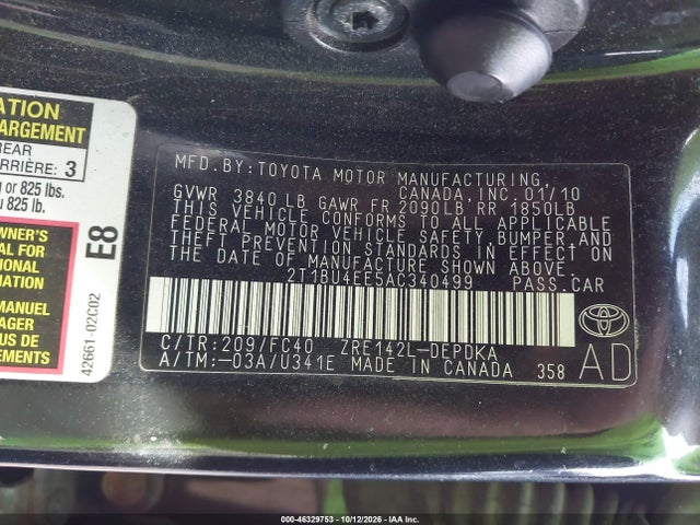 Продаж на аукціоні авто 2010 Toyota Corolla Le, vin: 2T1BU4EE5AC340499, номер лоту: 46329753