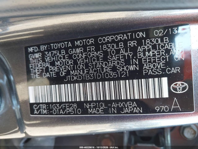 46329816 :رقم المزاد ، JTDKDTB31D1035121 vin ، 2013 Toyota Prius C One مزاد بيع