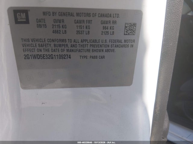 Aukcja sprzedaży 2016 Chevrolet Impala Limited Police, vin: 2G1WD5E32G1109274, numer aukcji: 46329846
