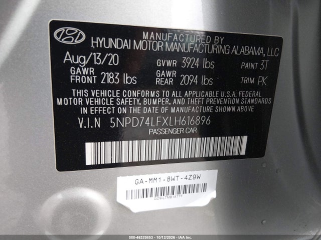 5NPD74LFXLH616896 Hyundai ELANTRA SE