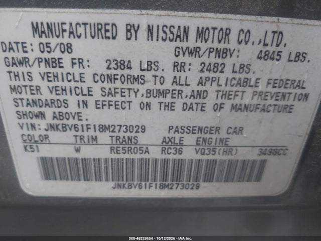 Продаж на аукціоні авто 2008 Infiniti G35x, vin: JNKBV61F18M273029, номер лоту: 46329854