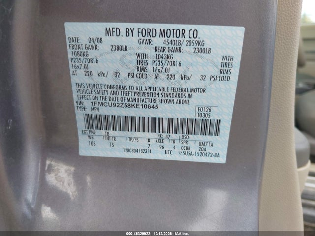 Продажа на аукционе авто 2008 Ford Escape Xls, vin: 1FMCU92Z58KE10645, номер лота: 46329922