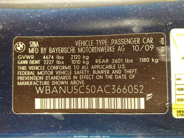 Продажа на аукционе авто 2010 Bmw 528i, vin: WBANU5C50AC366052, номер лота: 46329949