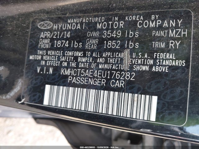 2014 Hyundai Accent Gs მანქანა იყიდება აუქციონზე, vin: KMHCT5AE4EU176282, აუქციონის ნომერი: 46329955
