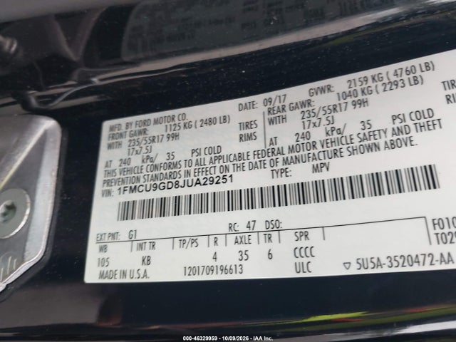 46329959 :رقم المزاد ، 1FMCU9GD8JUA29251 vin ، 2018 Ford Escape Se مزاد بيع