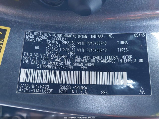 Toyota Highlander Le Plus V6 2015 5TDBKRFH4FS172199 Image 9