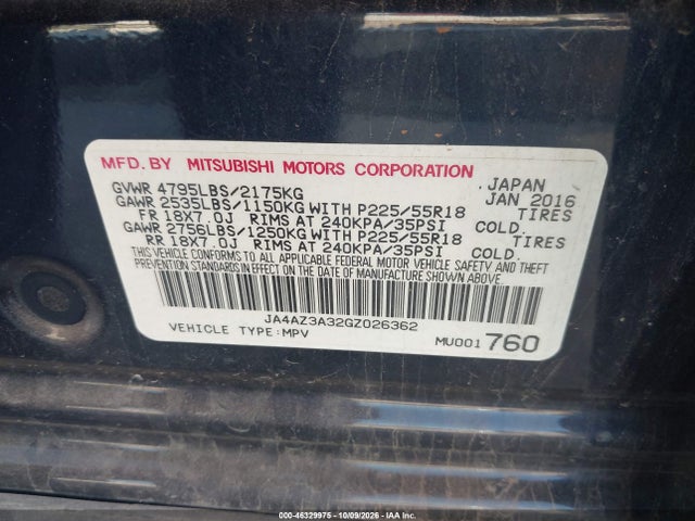 Aukcja sprzedaży 2016 Mitsubishi Outlander Sel, vin: JA4AZ3A32GZ026362, numer aukcji: 46329975