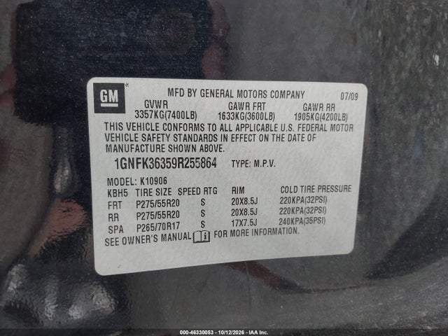 Aukcja sprzedaży 2009 Chevrolet Suburban 1500 Ltz, vin: 1GNFK36359R255864, numer aukcji: 46330053