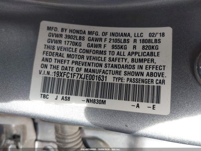 Aukcja sprzedaży 2018 Honda Civic Ex-l, vin: 19XFC1F7XJE001631, numer aukcji: 46330059