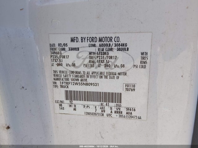 Продаж на аукціоні авто 2005 Ford F-150 Stx/xl/xlt, vin: 1FTRF12W55NB09531, номер лоту: 46330064