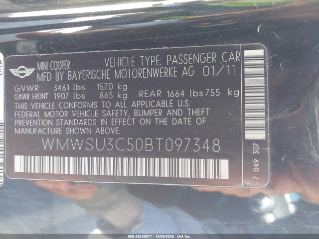 Aukcja sprzedaży 2011 Mini Cooper, vin: WMWSU3C50BT097348, numer aukcji: 46330077