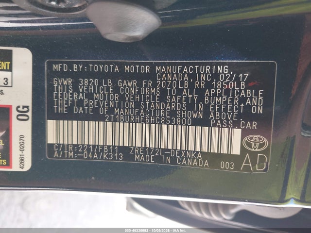 Aukcja sprzedaży 2017 Toyota Corolla Le, vin: 2T1BURHE6HC853800, numer aukcji: 46330083
