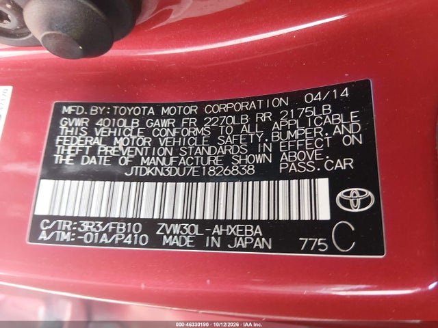46330190 :رقم المزاد ، JTDKN3DU7E1826838 vin ، 2014 Toyota Prius Three مزاد بيع