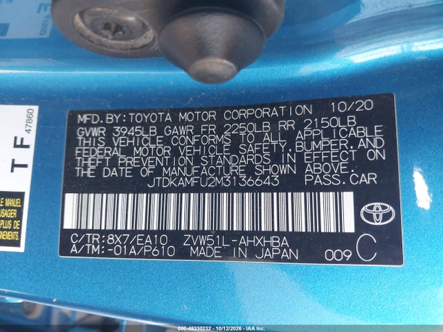 Toyota PRIUS XLE 2021 JTDKAMFU2M3136643 Image 9