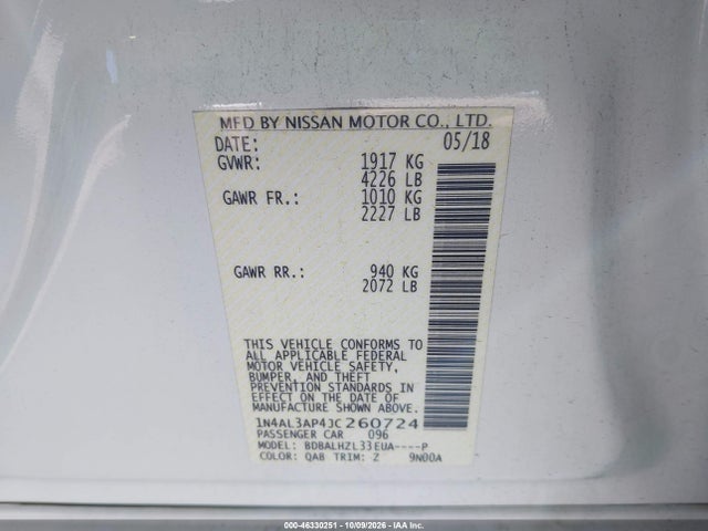 46330251 :رقم المزاد ، 1N4AL3AP4JC260724 vin ، 2018 Nissan Altima 2.5 Sr مزاد بيع