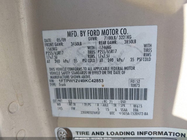 Продажа на аукционе авто 2009 Ford F-150 King Ranch/lariat/platinum/xl/xlt, vin: 1FTPW12V49KC42853, номер лота: 46330275