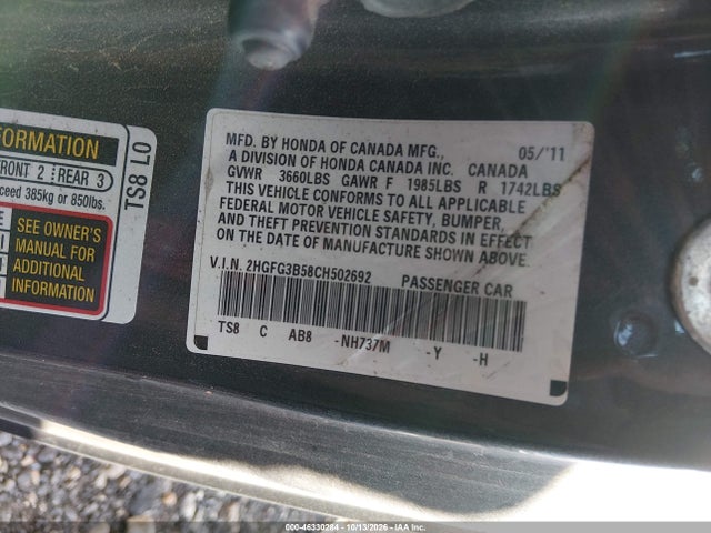 Продажа на аукционе авто 2012 Honda Civic Lx, vin: 2HGFG3B58CH502692, номер лота: 46330284