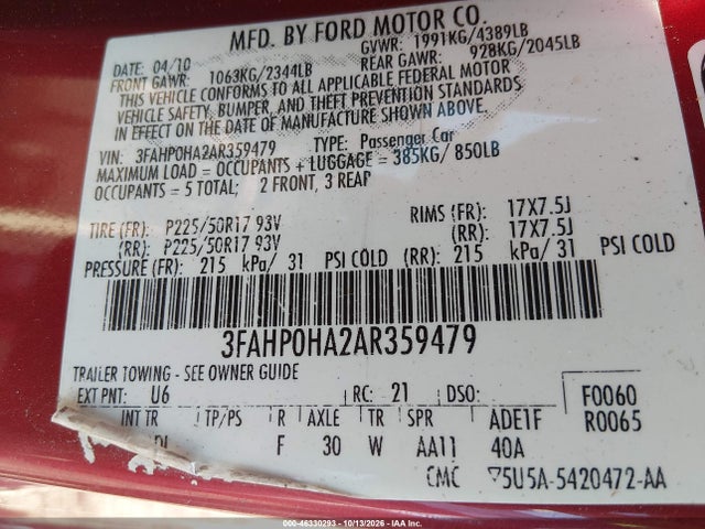 Продажа на аукционе авто 2010 Ford Fusion Se, vin: 3FAHP0HA2AR359479, номер лота: 46330293