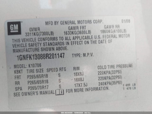 Aukcja sprzedaży 2008 Chevrolet Tahoe Lt, vin: 1GNFK13088R201147, numer aukcji: 46330300