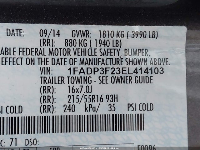 2014 Ford Focus Se მანქანა იყიდება აუქციონზე, vin: 1FADP3F23EL414103, აუქციონის ნომერი: 46330313