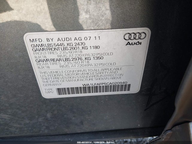 Продажа на аукционе авто 2012 Audi Q5 2.0t Premium, vin: WA1LFAFP5CA020940, номер лота: 46330314