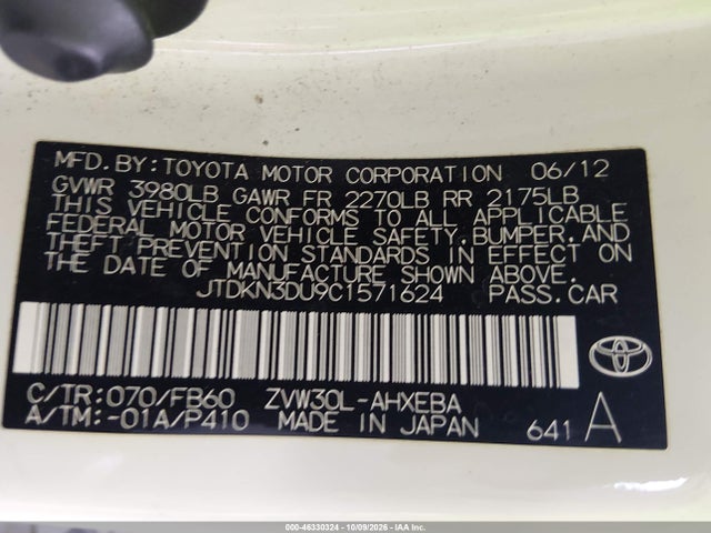 46330324 :رقم المزاد ، JTDKN3DU9C1571624 vin ، 2012 Toyota Prius Three مزاد بيع