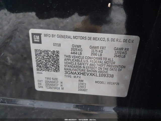 Продаж на аукціоні авто 2019 Chevrolet Equinox Ls, vin: 3GNAXHEVXKL109338, номер лоту: 46330331