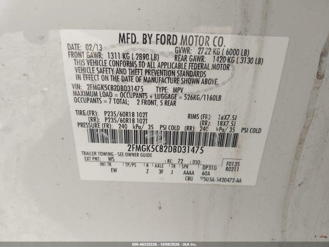 46330336 :رقم المزاد ، 2FMGK5C82DBD31475 vin ، 2013 Ford Flex Sel مزاد بيع