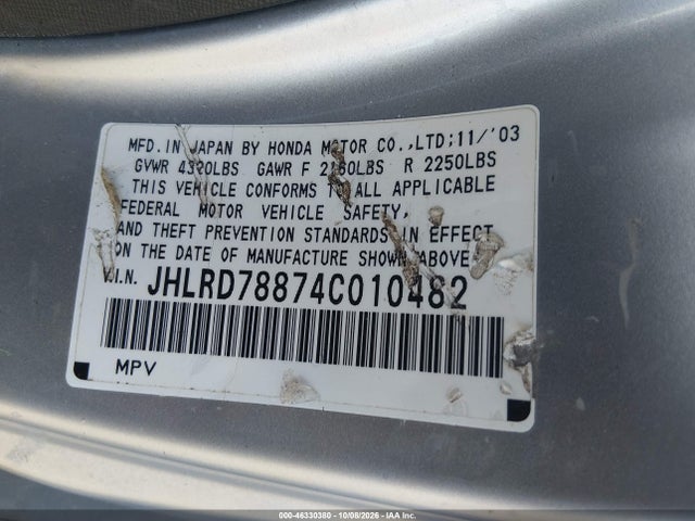 Продажа на аукционе авто 2004 Honda Cr-v Ex, vin: JHLRD78874C010482, номер лота: 46330380