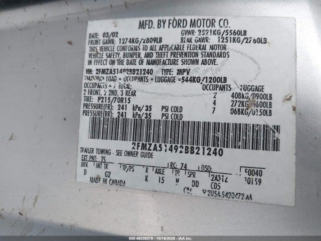 Продажа на аукционе авто 2002 Ford Windstar Lx, vin: 2FMZA51492BB21240, номер лота: 46330379