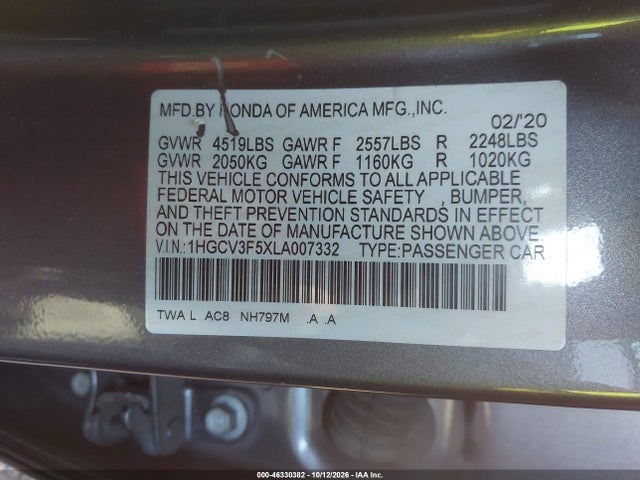1HGCV3F5XLA007332 Honda Accord Hybrid Ex-l