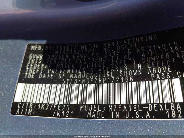 46330386 :رقم المزاد ، 5YFB4MDE7RP172166 vin ، 2024 Toyota Corolla Le مزاد بيع