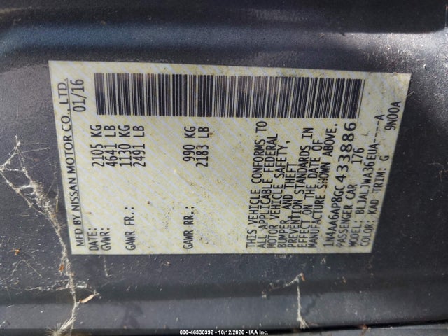 46330392 :رقم المزاد ، 1N4AA6AP8GC433886 vin ، 2016 Nissan Maxima 3.5 Sv مزاد بيع