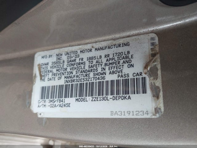 Aukcja sprzedaży 2003 Toyota Corolla Ce, vin: 1NXBR32E53Z170436, numer aukcji: 46330433