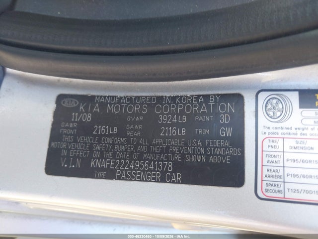 Продаж на аукціоні авто 2009 Kia Spectra Ex, vin: KNAFE222495641378, номер лоту: 46330460