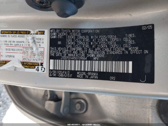 Aukcja sprzedaży 2005 Toyota Highlander V6, vin: JTEEP21AX50109864, numer aukcji: 46330511